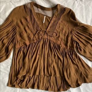 Free People Boho Flowy Long Sleeve blouse with Crochet detail Brown Women's Top